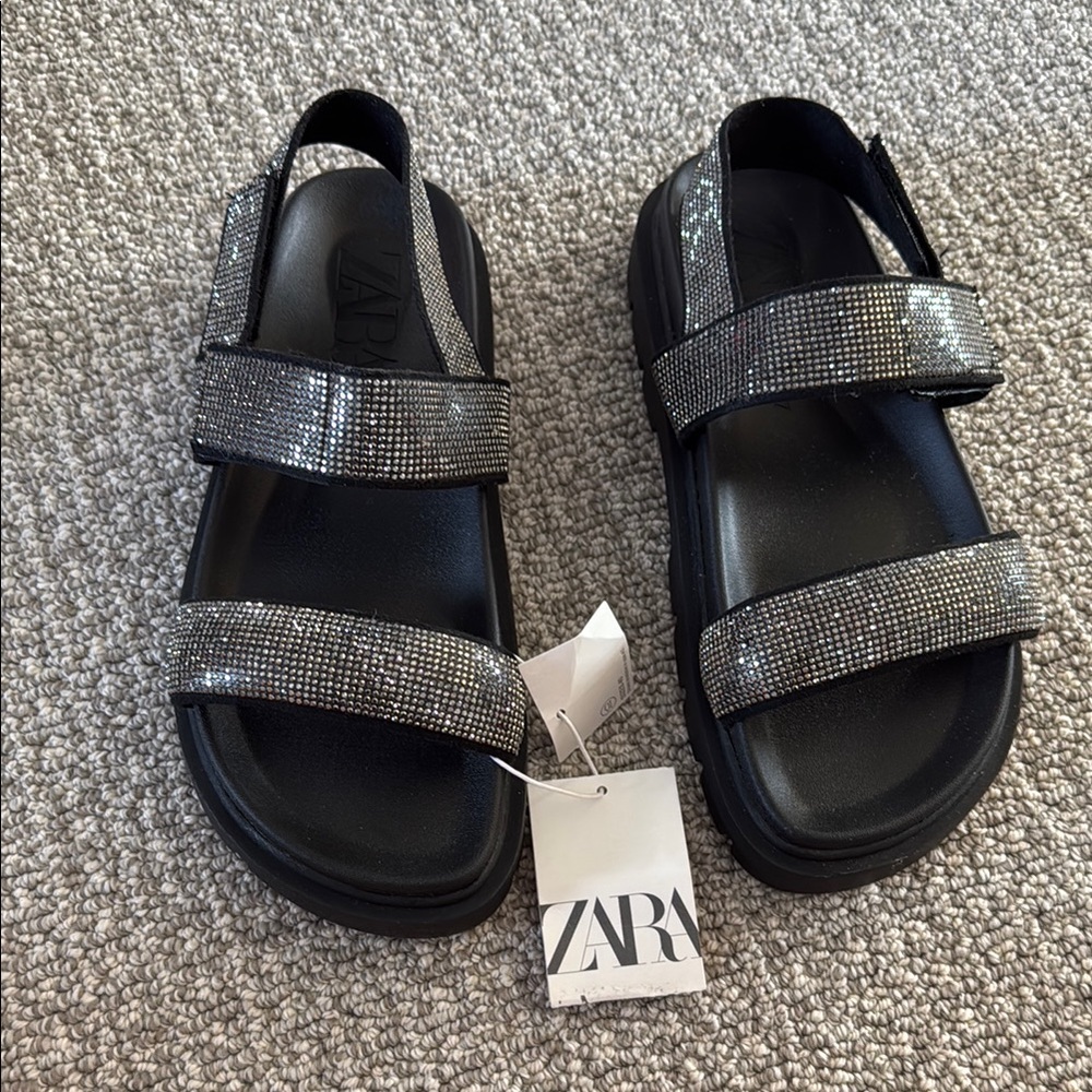 New Zara Black Dad Sandals Shoes Double Straps Silver Kids 5 37